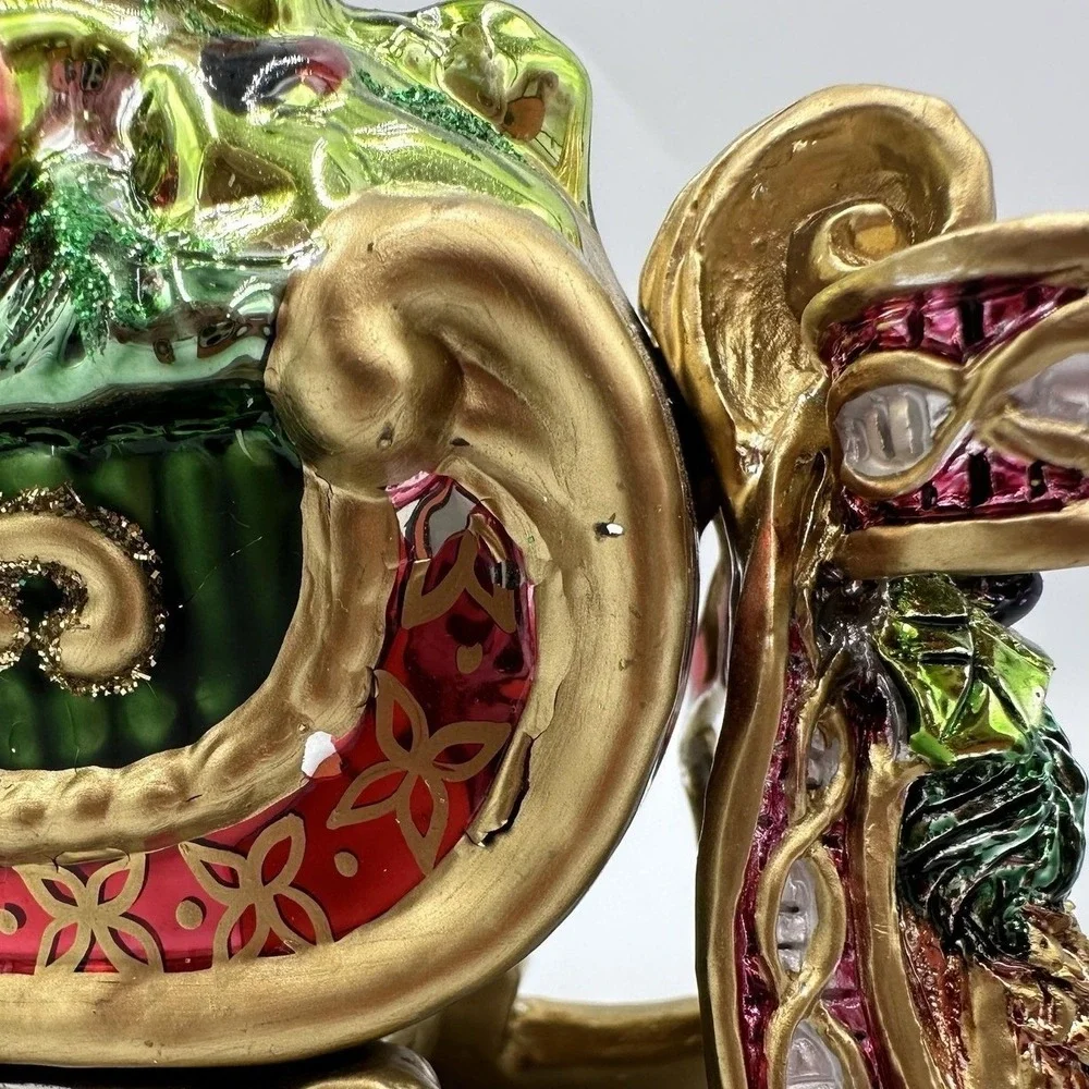 Fitz And Floyd Glass Christmas Tree Sleigh Ornament Teddy Bear Gifts Green Box‎